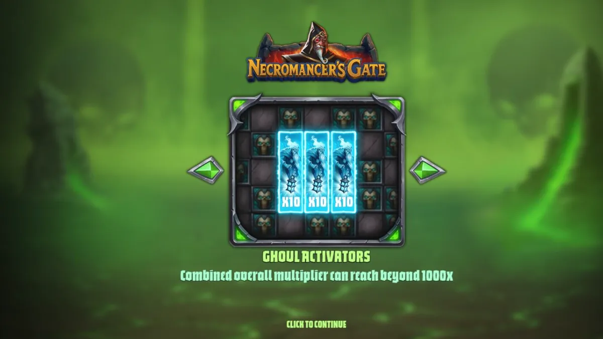 Tampilan visual slot Necromancer’s Gate dengan tema gothic dan tengkorak magis.