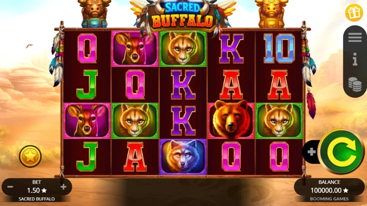 Tampilan visual slot Sacred Buffalo dengan tema padang rumput Barat dan simbol totem.